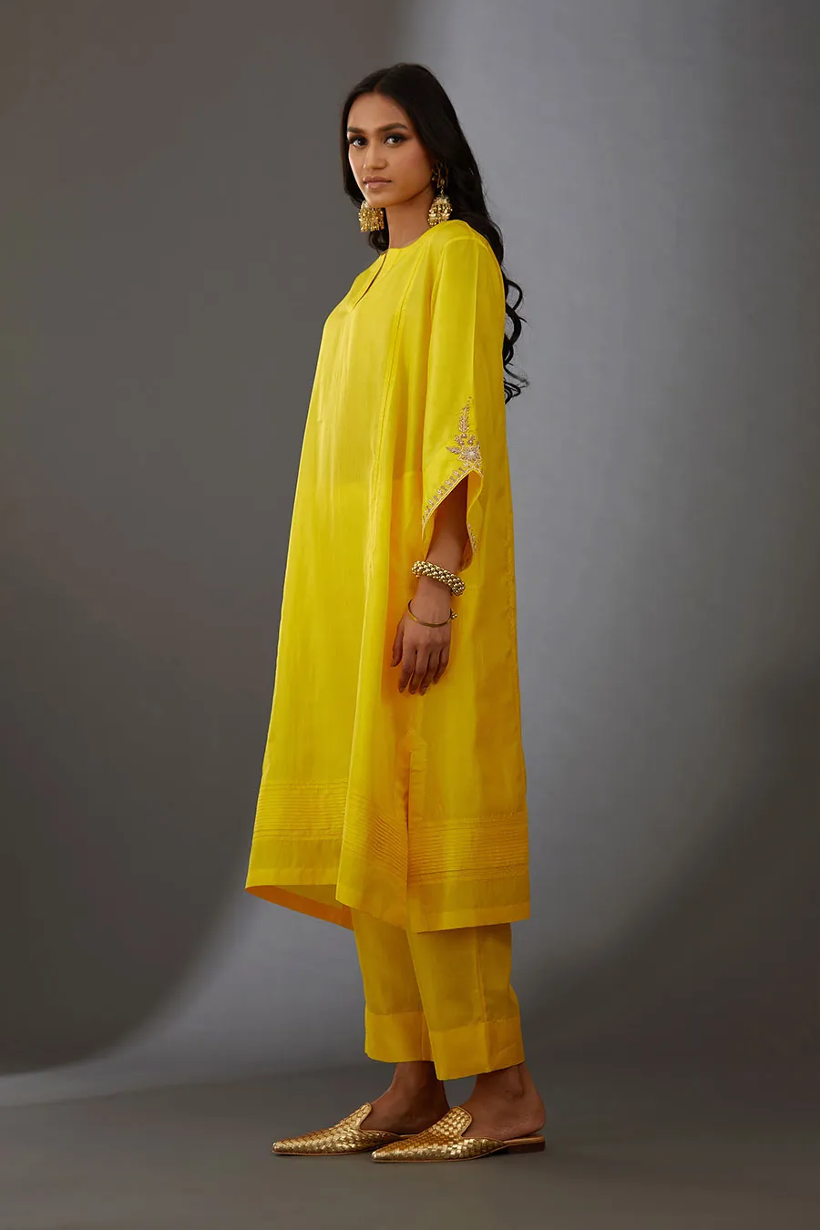 Yellow Silk Embroidered Kurta & Pant Set
