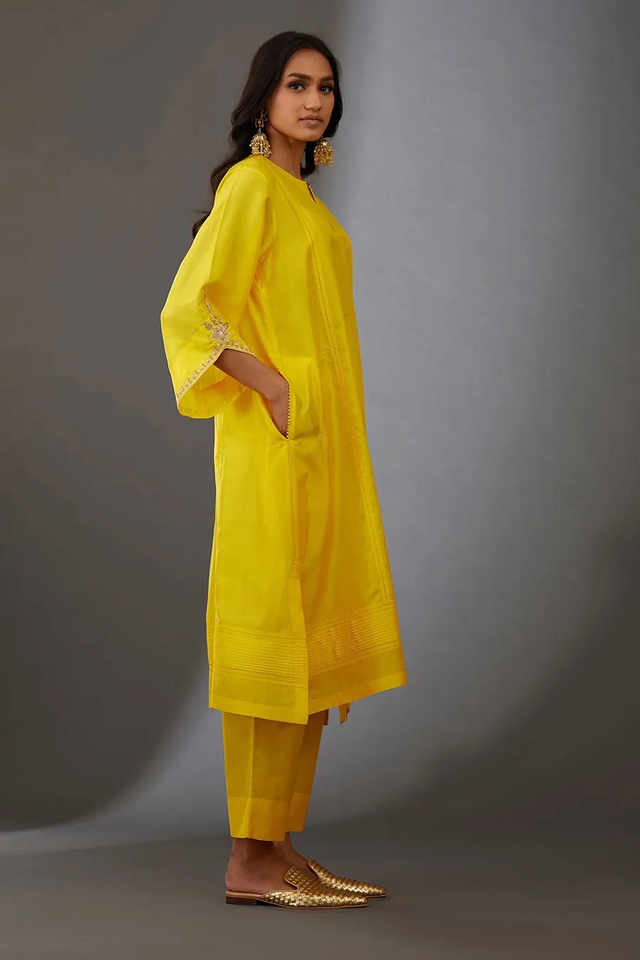 Yellow Silk Embroidered Kurta & Pant Set