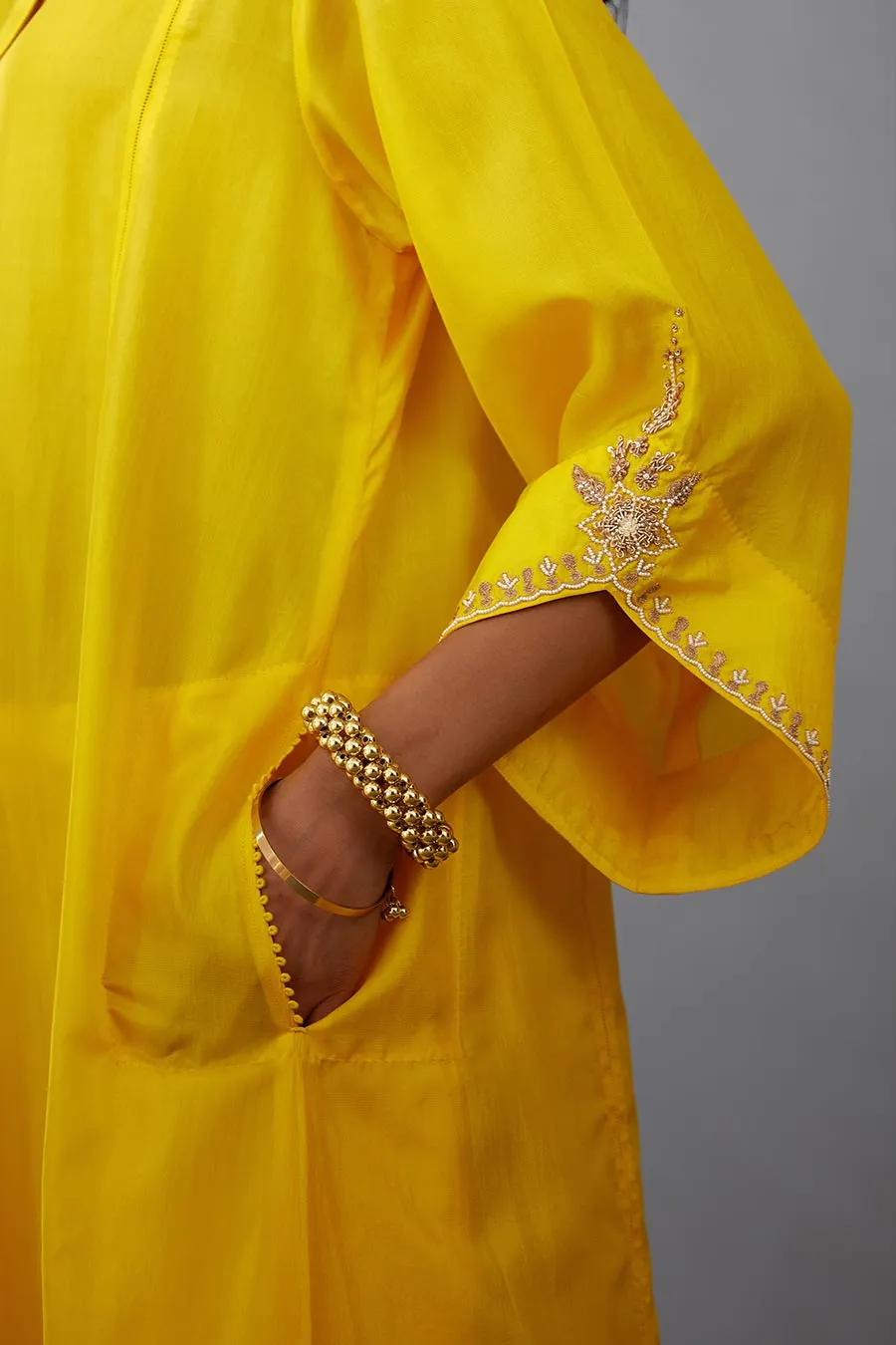 Yellow Silk Embroidered Kurta & Pant Set
