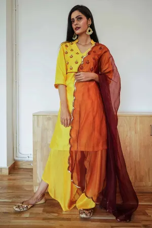 Yellow Silk Kurta and Drape Pant Set