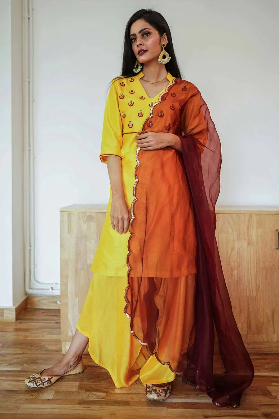 Yellow Silk Kurta and Drape Pant Set